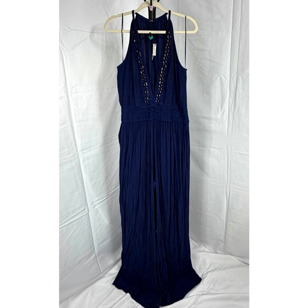 NWT Ramy Brook Melinda Navy Gold Accents Deep V-Neck Sleeveless Jumpsuit
